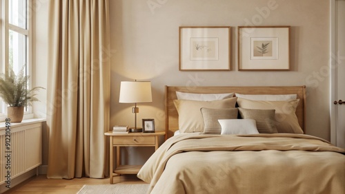 A cozy bedroom features a neatly made bed with beige bedding, including pillows and a throw blanket.