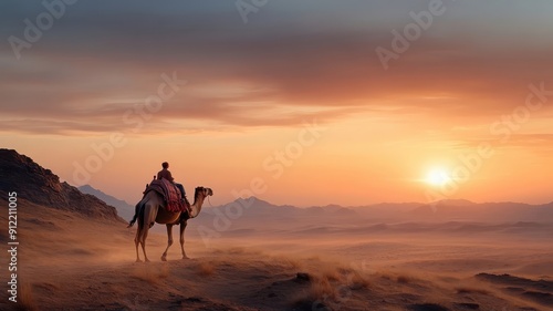 Lone traveler on camelback traversing the desert alongside a partially restored khetara.