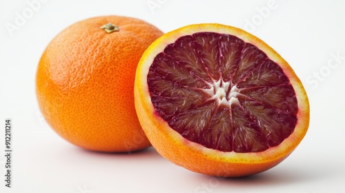 A Whole and a Sliced Blood Orange on a White Background