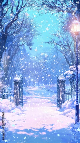 Frostbound Enchantment: An Exquisite Hand-Drawn Image of Tranquil Nature on a Snow-Covered Earth, Welcoming the Winter Temptation with Vividness and Cozy Comfort in Anime Style. photo