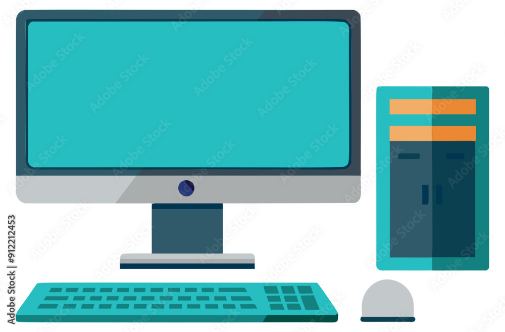 Blue desktop computer with keyboard and mouse. Vector illustration Blue desktop computer with keyboard and mouse. Vector illustration