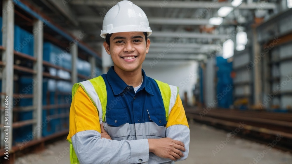 Young engineer smiling holding white safety hat by hand Young engineer smiling holding white safety hat by hand