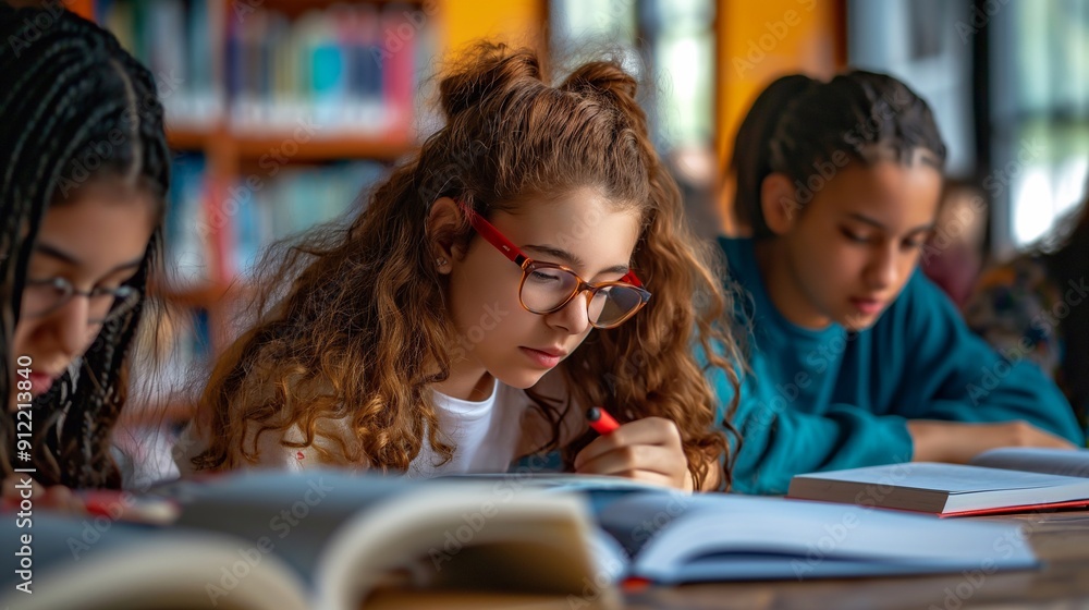 Three girls are studying together in the school library, surrounded by books. They are preparing for their exams by reading and taking notes Three girls are studying together in the school library, surrounded by books. They are preparing for their exams by reading and taking notes