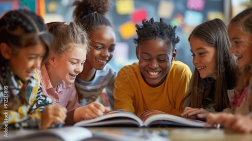 Group of young students are enjoying reading a book together in their classroom. They are laughing and having fun while they learn in the school