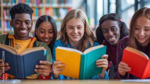 Five students are enjoying reading books together in the library. They are smiling and appear to be engaged in their studies