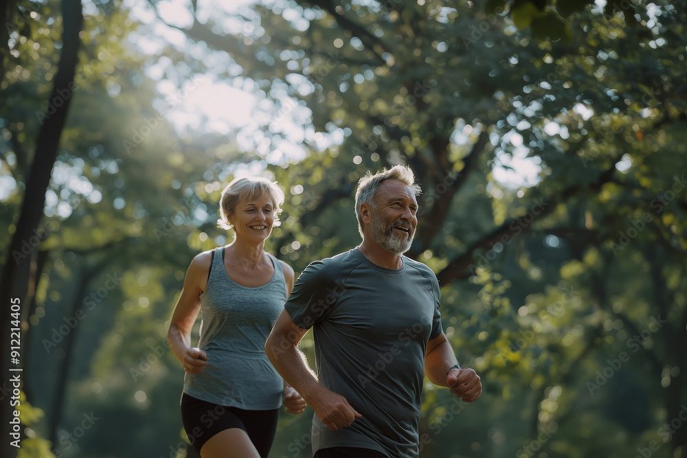 middle aged couple is jogging in the park middle aged couple is jogging in the park