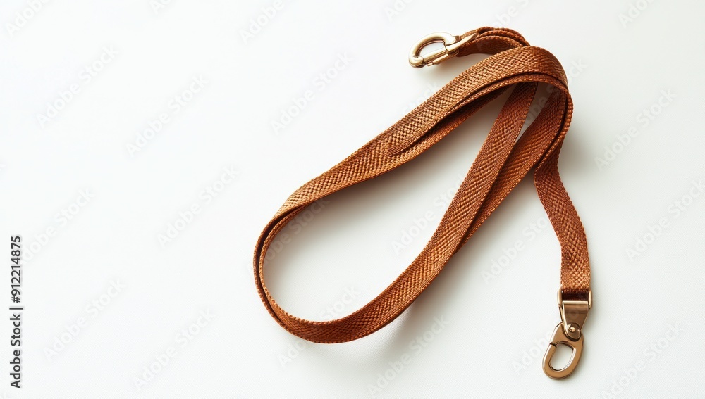 Brown Lanyard with Gold Clasps on a White Background Brown Lanyard with Gold Clasps on a White Background