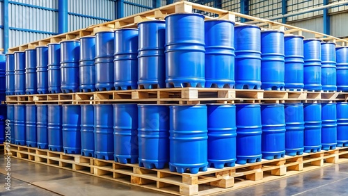 Awaiting Their Journey: A Stack of Blue Chemical Barrels Ready for Transport AI Generated