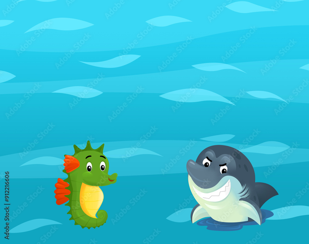 Obraz premium Cartoon ocean and sea coral reef animals of underwater kingdom swimming diving wit illustration for kids