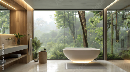 Luxury Bathroom in minimalist style with forest theme. photo