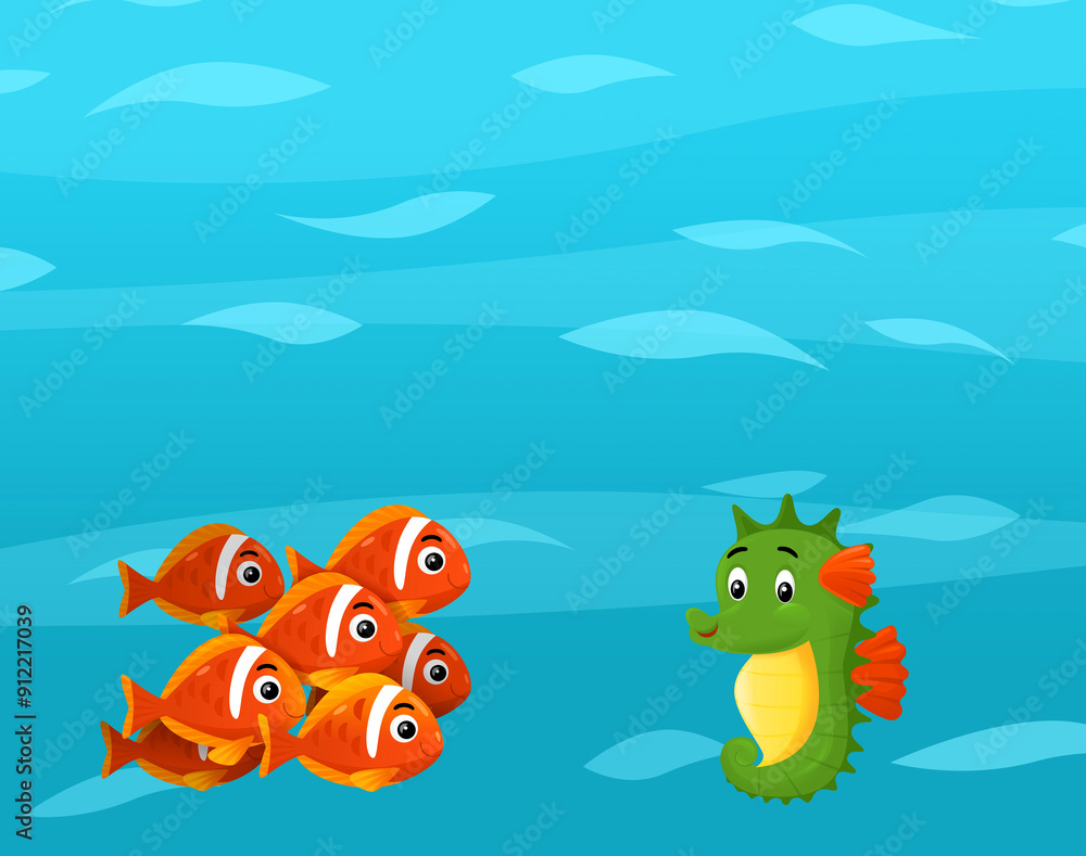 Fototapeta premium Cartoon ocean and sea coral reef animals of underwater kingdom swimming diving wit illustration for kids