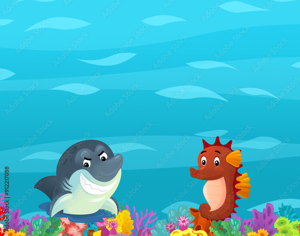Cartoon ocean and sea coral reef animals of underwater kingdom swimming diving wit illustration for kids Cartoon ocean and sea coral reef animals of underwater kingdom swimming diving wit illustration for kids