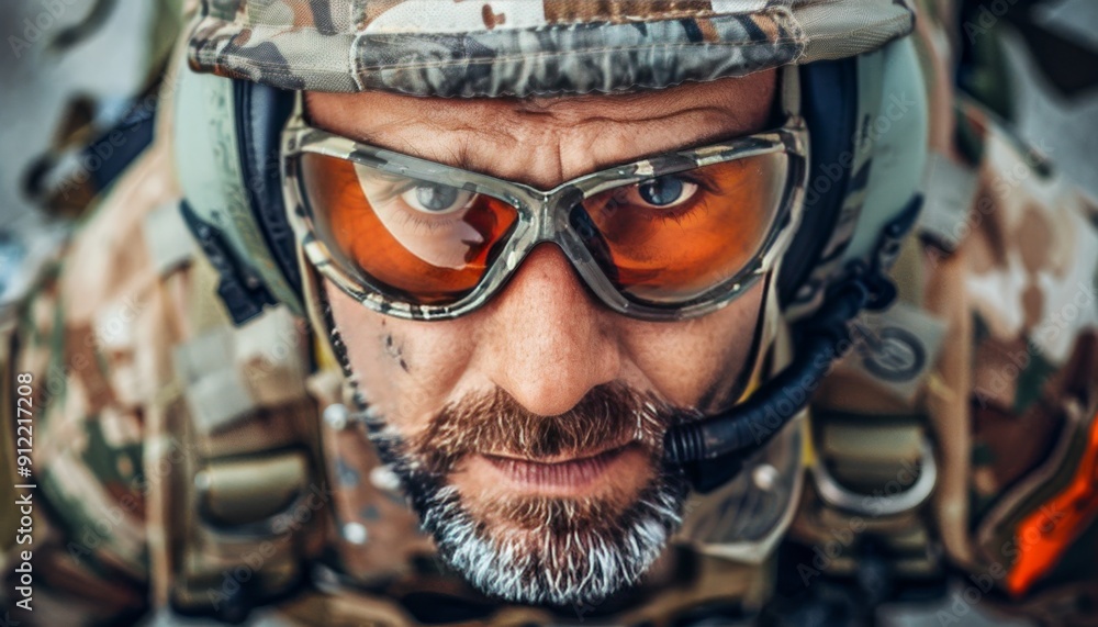 Close. Up. Portrait. U.S. Army Ranger In Camouflage Uniform, Helmet, And Tactical Glasses Outdoor Close. Up. Portrait. U.S. Army Ranger In Camouflage Uniform, Helmet, And Tactical Glasses Outdoor
