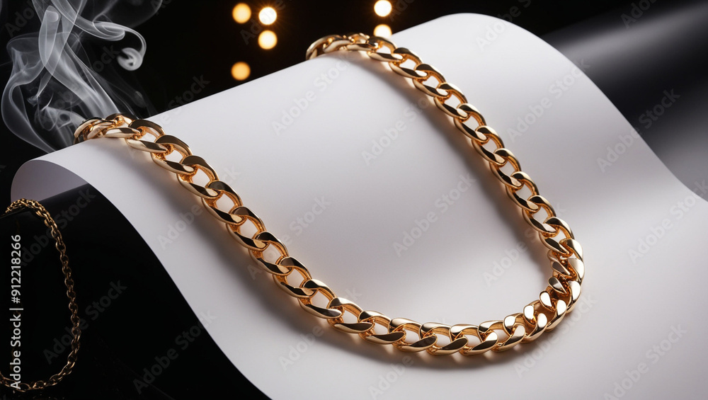 Fototapeta premium Gold Chain Jewelry Resting on Blank White Paper with Dramatic Smoke