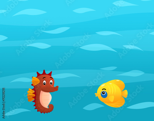 Cartoon ocean and sea coral reef animals of underwater kingdom swimming diving wit illustration for kids