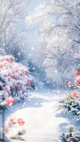 Winter's Enchanted Garden: An Animated Snow Scene with Icy Blossoms and Frost-Covered Flora