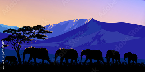 African animal safari group of elephants walk trough the savanah, jungle silhouette on landscape vector illustration background. Wildlife and nature collection.
