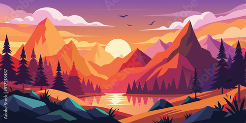 Create a vibrant, colorful landscape featuring a serene mountain scene at sunset. The scene should include tall, evergreen trees, rolling hills, a winding river, and a backdrop of majestic mountains. 