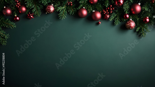 Abstract dark green Christmas decoration background with ornaments Light and shadow are good. For product placement, decorate with , gold, balls.
