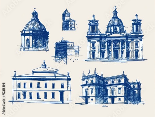 This image showcases a collection of detailed architectural sketches and doodle style depicting the iconic features and landmarks of an urban cityscape The hand drawn capture the unique facades