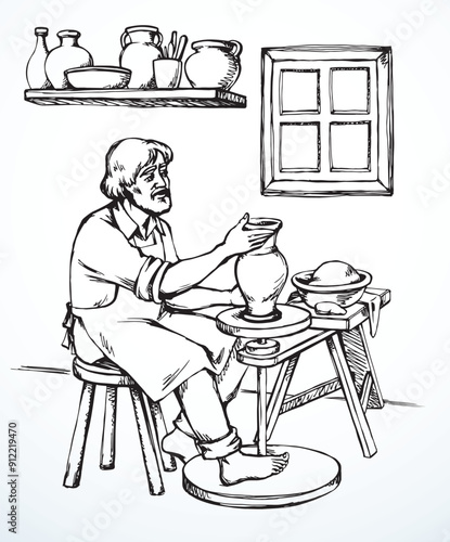 Vector drawing. Potter makes a jug