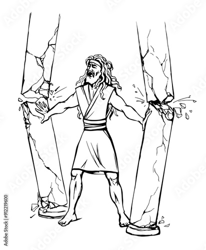 Vector drawing. Samson destroying temple