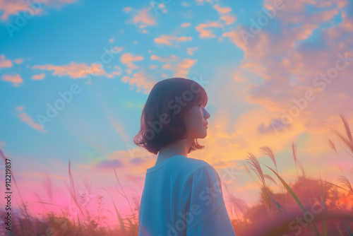 秋の夕焼け空と女性