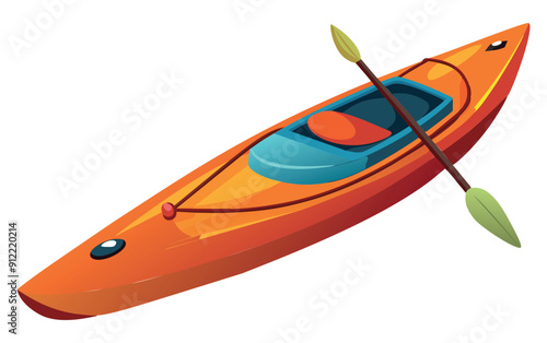 Orange kayak with paddle and blue seat. Vector illustration
