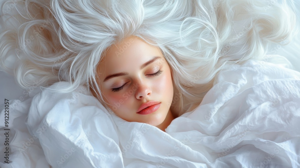 Close-up portrait of a woman with white hair resting on a pillow. Close-up portrait of a woman with white hair resting on a pillow.