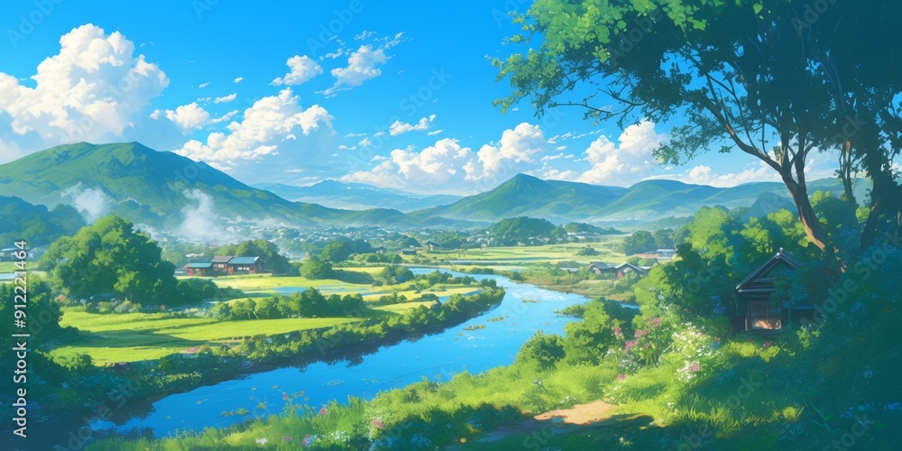 Naklejka premium abstract Vibrant Anime-Inspired Spring and Summer Scenery: AI-Generated 4K Wallpaper for Creative Marketing. Lush Natural Background with Colorful Flora, Whimsical Characters, and Dreamy Landscapes. 