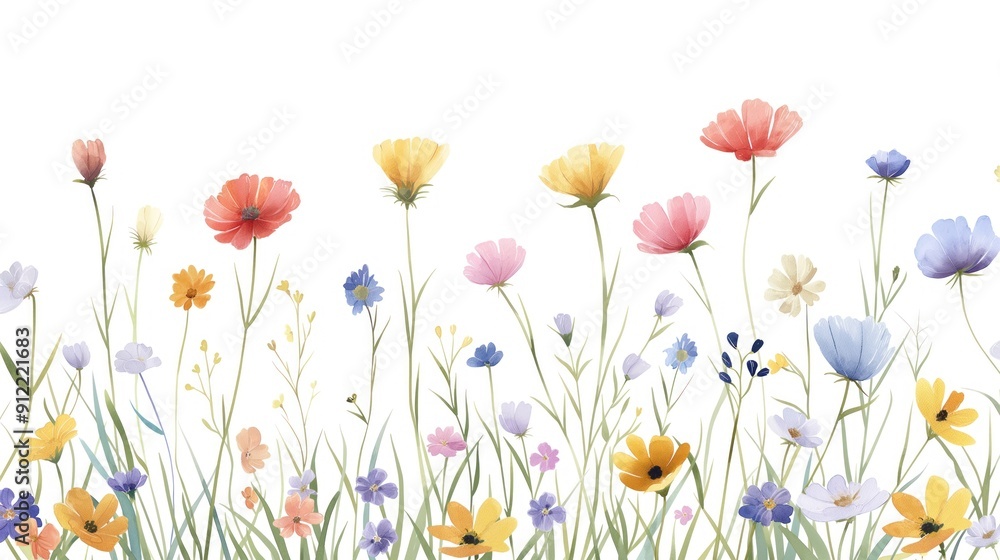 Fototapeta premium Wildflowers, meadow in spring, colorful blossoms isolated on white, Watercolor style