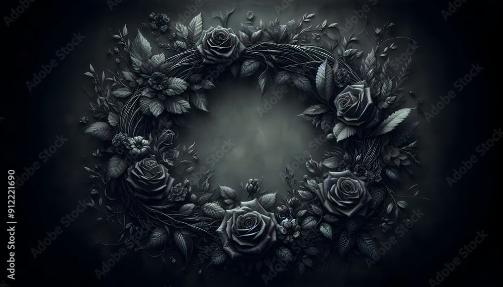 dark floral ornament, roses on black, frame on dark gloomy background dark floral ornament, roses on black, frame on dark gloomy background