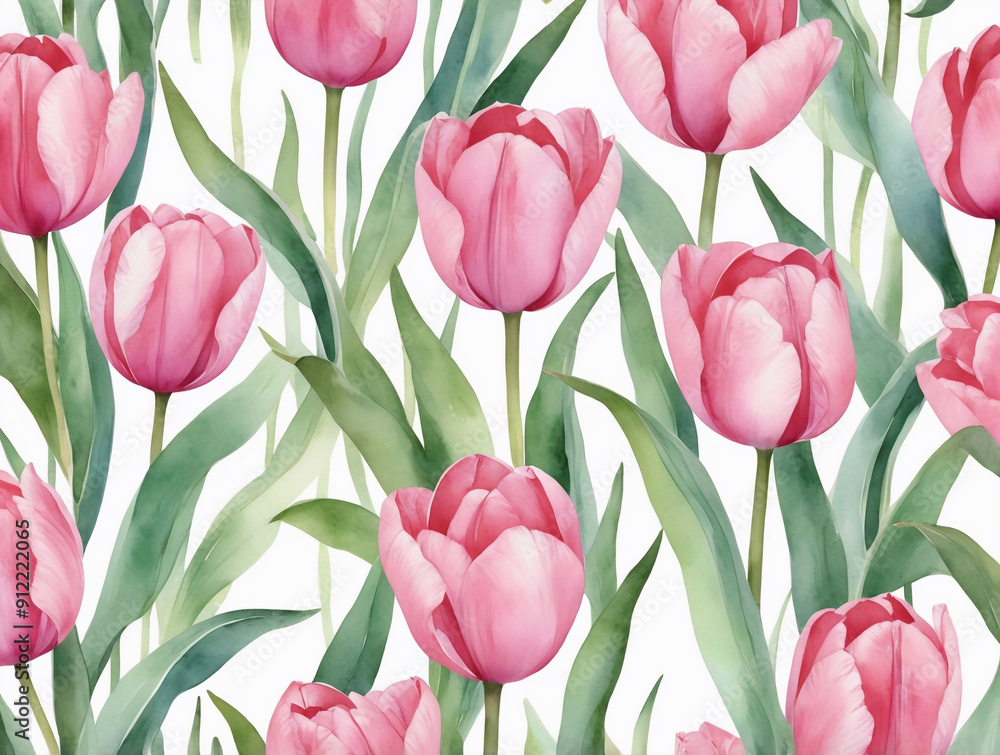 Obraz premium Watercolor pattern with bright pink tulips. It features intricate detailing and uses pink and white colors. The small floral pattern has a modern look
