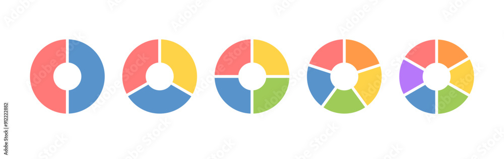 Circle division infographic icon set. Pie chart divided 4,5,6 equal parts. Color ring or donut round diagram. Infographic wheel segment and fraction. Vector illustration isolated on white background. Circle division infographic icon set. Pie chart divided 4,5,6 equal parts. Color ring or donut round diagram. Infographic wheel segment and fraction. Vector illustration isolated on white background.