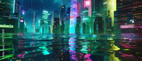 Surreal seapunk cityscape featuring geometric skyscrapers with iridescent surfaces luminescent algae covered waterways holographic signage and glitch art motifs photo