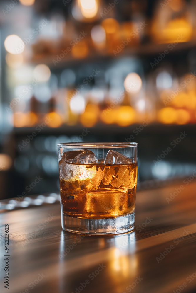 Glass of whiskey with ice on the bar counter Glass of whiskey with ice on the bar counter