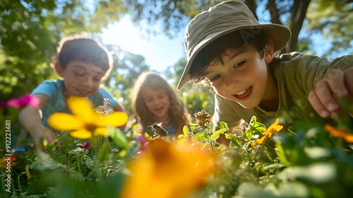 Fototapeta Naklejka Na Ścianę i Meble -  A group of children participating in a nature scavenger hunt, bright, natural light highlighting their discoveries, background of a vibrant, outdoor setting with trees and flowers, detailed artistic