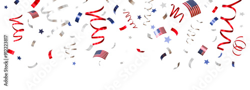 Vibrant American themed confetti, with stars and stripes, ideal for headers, celebratory graphics, or thematic designs for U.S. holidays. USA style confetti on transparent background. 3D render.