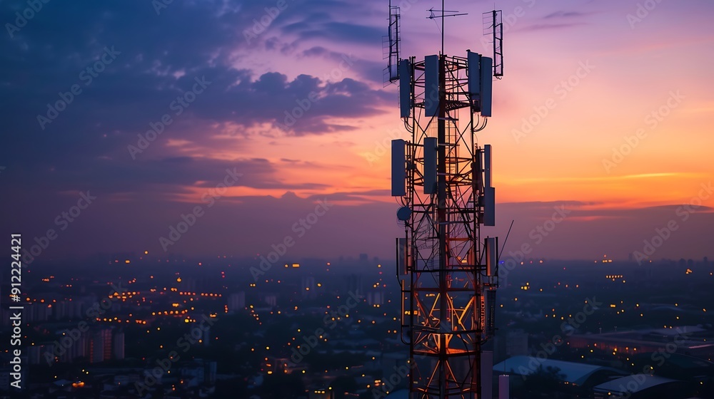 Cell Tower stands tall against a vibrant sunset sky, silhouetted against the cityscape below. tower's intricate structure, highlighting the essential role it plays in modern communication. Cell Tower stands tall against a vibrant sunset sky, silhouetted against the cityscape below. tower's intricate structure, highlighting the essential role it plays in modern communication.