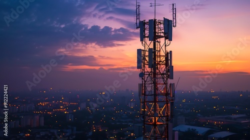 Wallpaper Mural Cell Tower stands tall against a vibrant sunset sky, silhouetted against the cityscape below. tower's intricate structure, highlighting the essential role it plays in modern communication. Torontodigital.ca