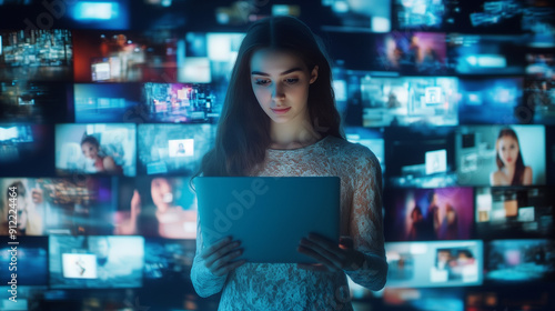 A young lady holding her laptop in front of her is surrounded by screens showing digital video content online. She is wearing an elegant. The background is full and covered with multiple digital video