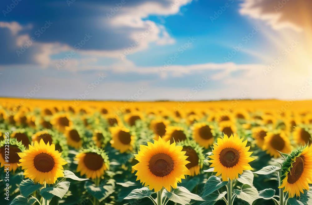 Fototapeta premium Sunflower field over cloudy blue sky. Beautiful summer landscape with sunflowers