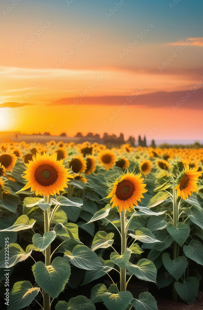 Obraz premium Sunflower field at sunset. Beautiful landscape with sunflowers