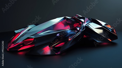 4. **Design a 3D abstract shape with sleek, curved surfaces and sharp angles, set against a black backdrop. The shape should have a neon or metallic sheen, emphasizing a cutting-edge, futuristic look. photo