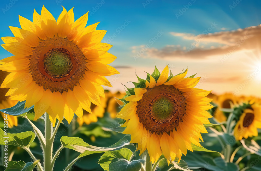 Obraz premium Sunflower field at sunset. Sunflower natural background. Sunflowers blooming