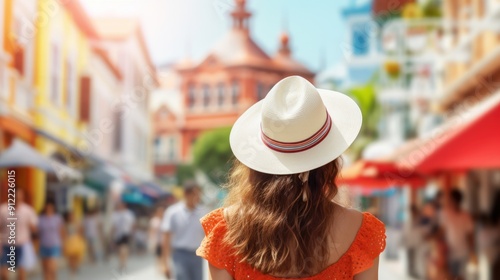 A young woman tourist with a backpack walking on a street in Singapore. Travel and summer vacation concept. Rearview photo