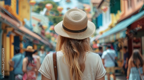 A young woman tourist with a backpack walking on a street in Singapore. Travel and summer vacation concept. Rearview photo