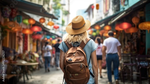 A young woman tourist with a backpack walking on a street in Singapore. Travel and summer vacation concept. Rearview