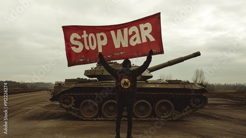 A person holding a Stop War banner, standing alone in front of a tank, reminiscent of iconic moments of peaceful resistance and protest. photo