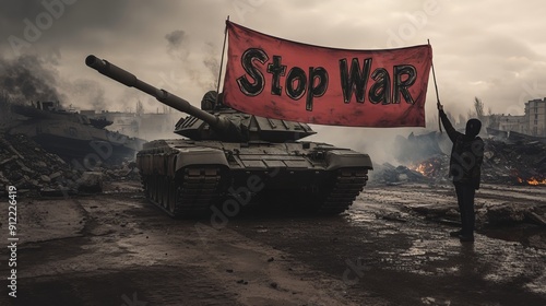 A person holding a Stop War banner, standing alone in front of a tank, reminiscent of iconic moments of peaceful resistance and protest. photo